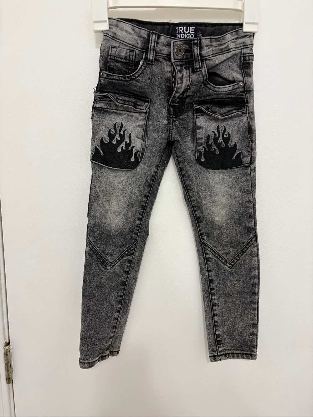 Indigo Skinny Jeans in Washed Black with Black Flame Patches